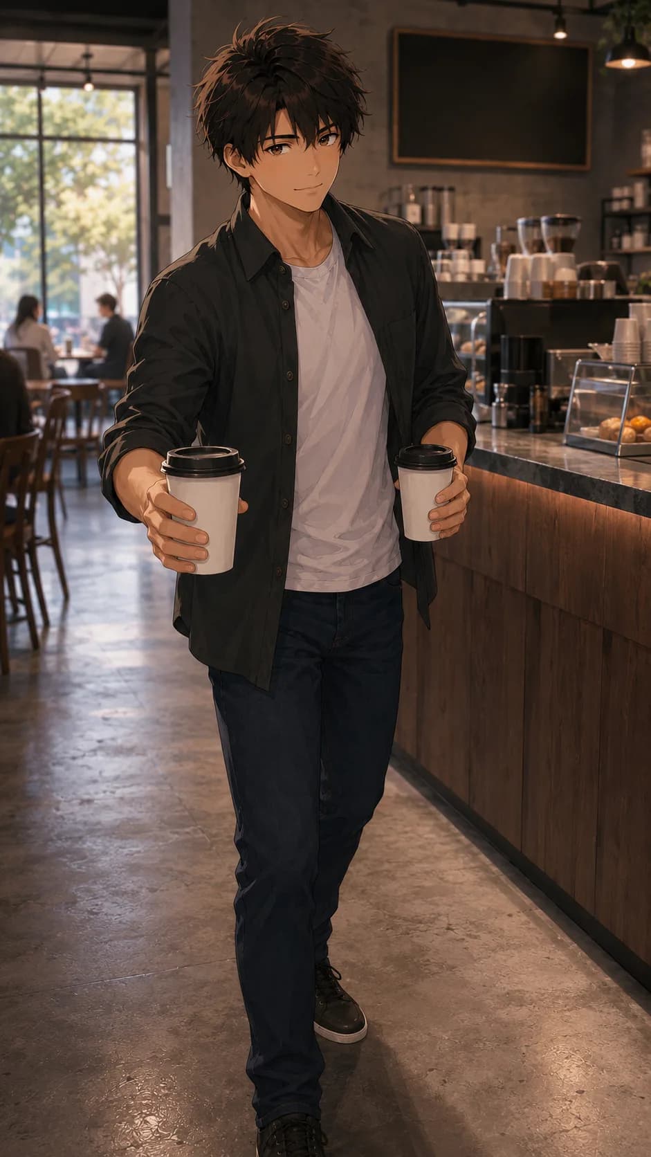 Leo bringing two coffees during a bookstore and museum afternoon